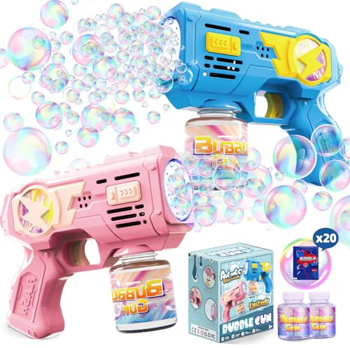 POPERFUN Sparabolle di Sapone 2 Pezzi, Spara Bolle di Sapone Automatico con Luci LED, Pistola Bolle di Sapone per Bambini di Età Superiore a 3 Anni, Feste di Compleanno, Pasqua e Giorno dei Bambini