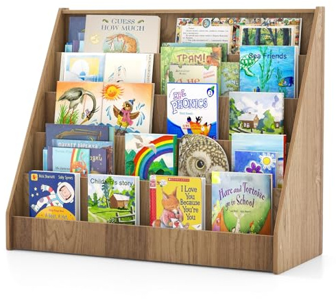 COSTWAY Bibliothèque Enfant en Bois à 5 Niveaux, Étagère à Livres avec Kit Anti-basculement et Patins Antidérapants, Meuble Rangement Jouet Montessori pour Bureau Chambre d’Enfant, 91x38x76,5cm