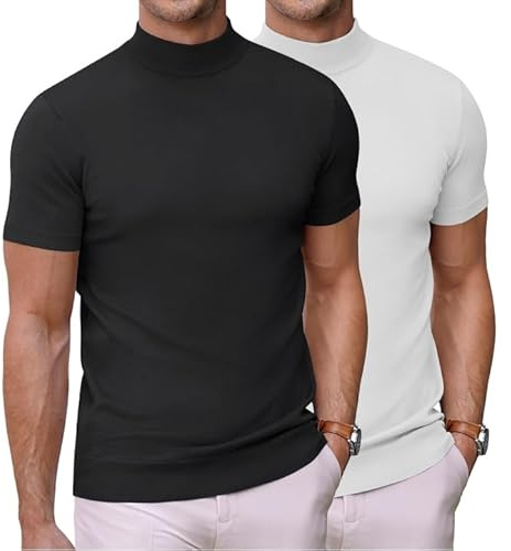 COOFANDY - Maglietta in Maglia per Uomo, con Collo Alto, Maniche Corte, Jersey Sottile, Aderente, Slim Fit, Stile Casual Elegante, 3XL