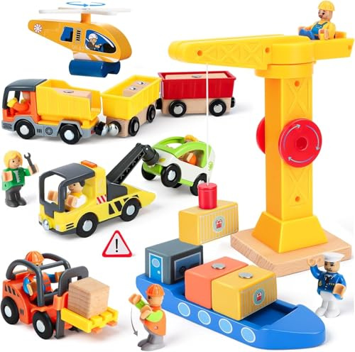 JONRRYIN Baustellenfahrzeuge Kinder Kran Spielzeug, Baustelle Spielzeug ab 3 Jahre, Baufahrzeuge Kinder Holzspielzeug mit Turmkran Anhänger Gabelstapler Schiff, Geschenk Junge 3 4 5 Jahre