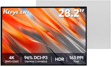 Kuycon P10 4K Monitor 28.2'' 3840x2560 Minimalista senza supporto | 3:2, 60Hz, 16.7M colori, USB-C 65W ricarica rapida, altoparlanti integrati, vetro lucido