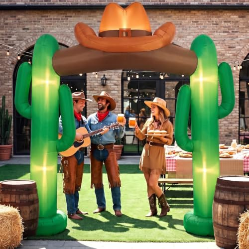 Sotiff Arco gonfiabile a forma di cactus cowboy occidentale, 3 m, decorazione per feste e ingresso, con luci LED integrate e ventilatore, per rodeo, compleanno, carnevale, decorazione per esterni