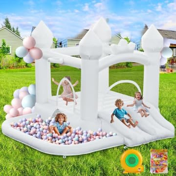 white bouncy castles inflatable white bounce house 323 ×284 ×223 cm with Double Slide Trampoline Ball Pit Air Blower for Indoor Outdoor Backyard Wedding Birthday Party
