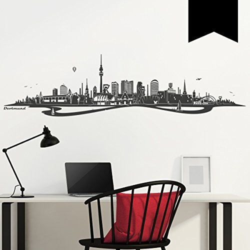 Wandkings Wandtattoo Skyline Dortmund mit Fluss 140 x 36 cm - Schwarz - 35 Farben zur Wahl
