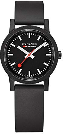 Mondaine - Essence MS1.32120.RB - Herren und Damen Uhr 32mm - Bahnhofsuhr in Schwarz schwarzem Armband aus recycelten Rohstoffen - 30m Wasserdicht nachhaltig - Hergestellt in der Schweiz