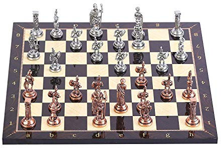 GiftHome Figuras romanas de cobre antiguo juego de ajedrez de metal para adultos, piezas hechas a mano y tablero de ajedrez de madera con estampado de nogal King 2.8 inc