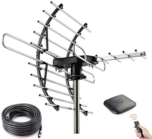 CeKay Antenne TV numérique HD, antenne extérieure/grenier, rotation à 360 degrés, télécommande sans fil, portée de 200 km, 4K 1080p VHF UHF