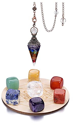 JSDDE 9er Chakra Heilstein, Pendel und Metatron's Cube Kristall Gitter Platte Set Wicca Glücksbringer Dekoration für Wahrsagen, Kristalltherapie, Meditation, Yoga Balancing, Schutz