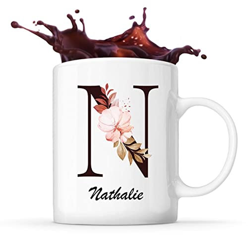 Planetee Mug Nathalie | Tasse prénom femme avec Lettre fleur | Idée cadeau pour anniversaire noël et fête des mères