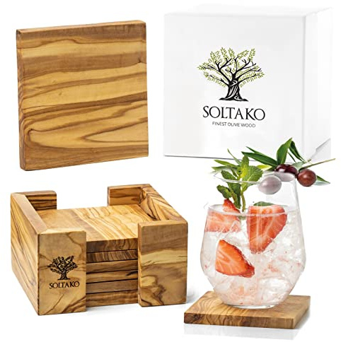 SOLTAKO 6er Set Premium Glas Untersetzer aus massivem Olivenholz (eckig) | Hochwertige Glasuntersetzer aus nachhaltigem Rückschnittholz mit einzigartiger Maserung & natürlicher Optik - in Geschenkbox