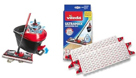 Vileda ULTRAMAX Turbo Kit Lavage Sol Complet, Balai, Housse en Microfibre, Seau avec essoreuse à pédale, Longueur Manche télescopique 75-130cm, Emballage Eco & Recharge Ultramax Power 2en1 - Lot de 2
