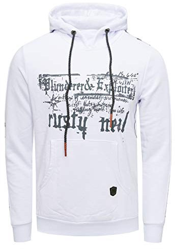 Rusty Neal Herren Sweatshirt Front Print Kapuzenpullover Langarm mit Kapuze Streetwear Sweat 138, Farbe:Weiß, Größe S-3XL:L
