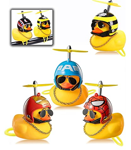 Guidre Perhk Pack of 4 Rubber Yellow Duck Car Ornament, Cool Bicycle Bell Decorations with Elica Helmet for Adults Children