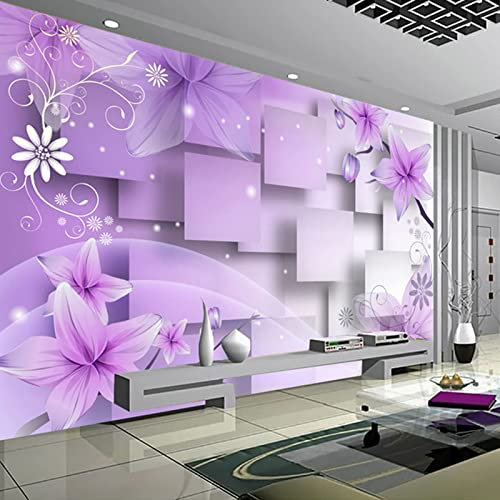 GIVLWF Modern Abstract Art Purple Flowers Photo Wallpaper, Three-Dimensional Square Wall Mural, Murals Wall Art Print for Hallway Stairway Home Decoration 300 x 210 cm