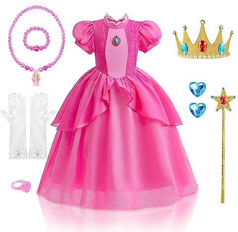 YYDSXK Prinzessin Peach Kostüm Mädchen, Prinzessin Kleid Mädchen Cosplay Costume mit Krone, Handschuhe, Halskette, Ohrring und Zauberstab, Kleidverkleiden Abendkleid, Halloween, Weihnachten, Karneval