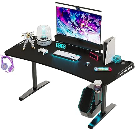 FATIVO Bureau de Jeu avec lumières LED RVB: 180x75x73cm Cool Station de Travail Informatique en Forme de T Bureau de Jeu Ergonomique avec Support pour Casque et Porte-gobelet