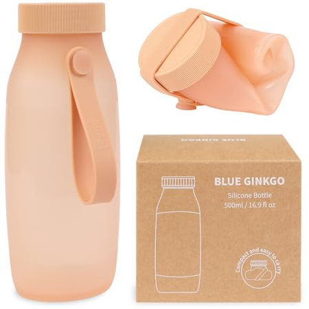 BLUE GINKGO Bouteille d’Eau Pliable – Gourde en Silicone Légère et Compacte pour Voyage, Randonnée et Camping (500ml, Fabriquée en Corée, Pêche)