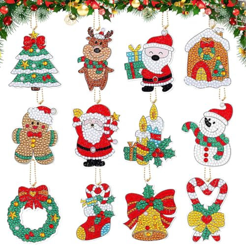 XLZJYIJ 12 Pièces 5D Diamond Painting Porte-Clés Enfant, Noël Bricolage Porte-clés, Kit D'autocollants de Peinture au Diamant de Noël, DIY Christmas Diamond Peinture pour Décoration de Noël