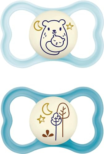 MAM Air Night Soothers | 18-36 Months | 2 Pack | Glow in The Dark Dummies | Comes in Dummy Steriliser Case | Sustainable Materials | Baby Accessories | Blue (Various Designs)