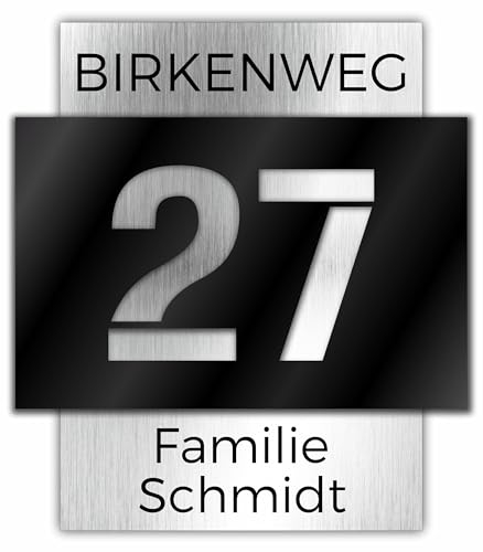 Numero civico Premium | personalizzabile | alluminio composito argento spazzolato e vetro acrilico nero opaco o lucido | effetto 3D | resistente alle intemperie (nero lucido)