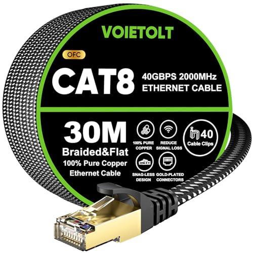 VOIETOLT Cat 8 Câble Ethernet 30M, 40Gbps/2000Mhz Haut Débit S/FTP Cable Internet, Plat Tresse RJ45 Gigabit Cable LAN pour PS4/5, Ordinateur, Modem, PC, TV