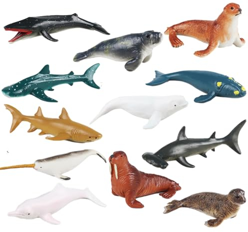 JOKFEICE Tierfiguren, 12 Stück, realistische Meerestierfiguren, inklusive Wal, Seekuh, Robbe usw. Wissenschaftliches Projekt, Lernspielzeug, Geburtstagsgeschenk für Kinder