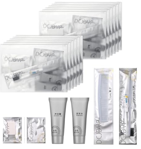 LLHQAMT Kit d'hygiène de voyage avec brosse à dents, dentifrice, peigne, shampooing, gel douche, bonnet de douche et savon, emballé individuellement, convient pour hôtel, maison, voyage (25 ensembles)