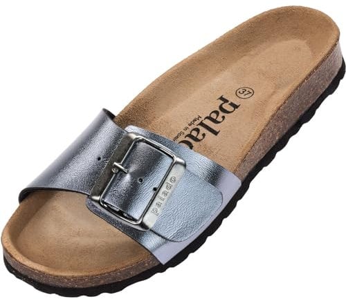 Palado Pantoletten Damen Malta EGS Metallic - bequeme Sandalen Made in Spain - Hausschuhe mit dämpfendem Kork-Fußbett - modische Sommerschuhe Grau UK9,5 - EU43
