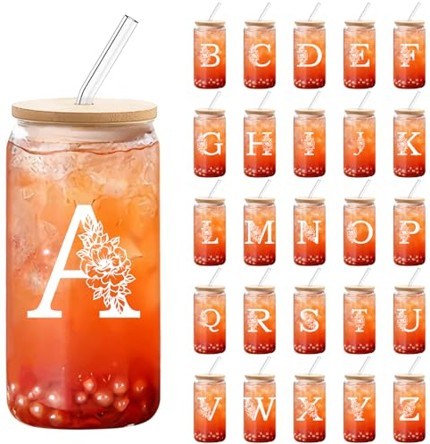DETENE 550ML Buchstabe Glasbecher Gläser mit Deckel und Strohhalm Eiskaffee Gläser Monogrammierte Initialen Geschenke für Frauen und Männer zum Geburtstag Weihnachten Geburtstagsgeschenke (A)