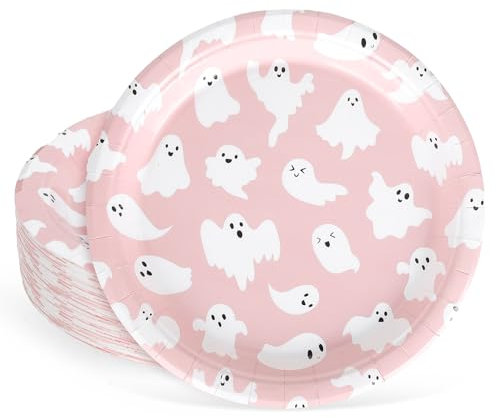 Whaline 40Pcs Halloween Paper Plates Pink Ghost Disposable Plates 9 Inch Cute Cartoon Ghost Decorative Round Plates for Halloween Birthday Baby Shower Table Decor Party Supplies