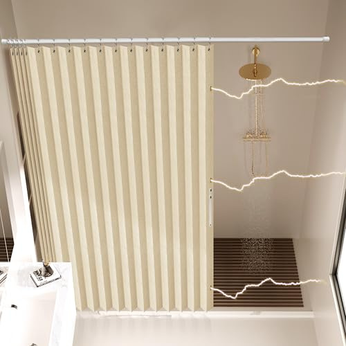 AJAZZ, Tenda da doccia magnetica, pieghevole, in poliestere, con gancio per tenda da doccia, impermeabile, adatta per famiglia, hotel, famiglia ospitante, beige, 195,6 x 182,9 cm, L, 1 pannello