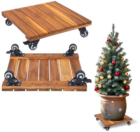 Timberholm Pflanzenständer aus Holz, 35,6 cm, mit Rollen, robust, 113,4 kg Kapazität, Pflanzenständer mit 360° feststellbaren Rädern für Blumentöpfe, quadratisch, natürlich, 2 Stück