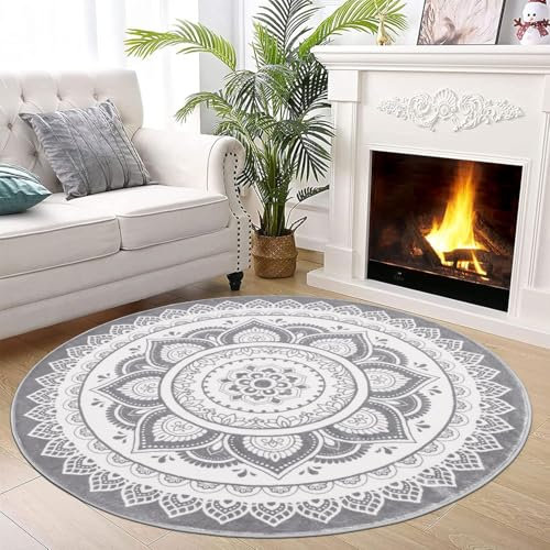 SHACOS Kurzflor Teppich Rund 120 cm, Grau, Anti Rutsch, Waschbar, Wohnzimmerteppich Flauschig, Weich, Runder Teppich für Wohnzimmer, Schlafzimmer