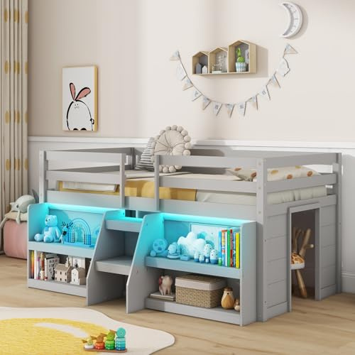 GIANTEX Twin Loft Bed with LED Lights, Wooden Loft Bed Twin Size with Stairs & Safety Guardrail, Low Loft Bed for Kids with Storage Bookcase and Under-Bed Play Space, Grey