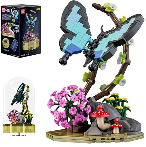 Mould King 10103 Blumen Insekten Klemmbausteine Schmetterling Blumen Bausteine LED Musik Bauspielzeug mit Staubschutzhaube Insekten Sammlung(432 Teile)