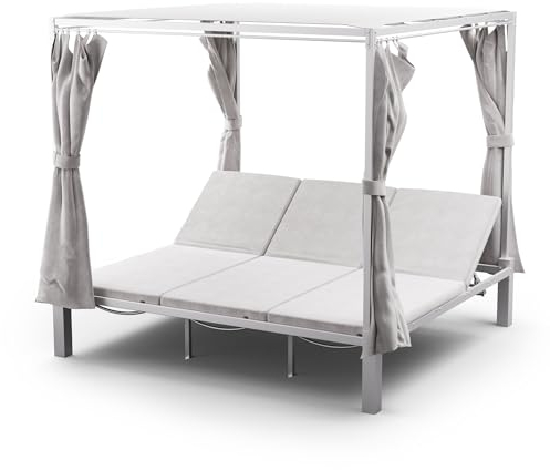 blumfeldt Eremitage Dreifach-Sonnenliege – Luxus-Gartenliege für 3, Verstellbare Rückenlehnen, Sonnenschutzvorhänge, Pulverbeschichteter Stahlrahmen, Gepolsterter Komfort, Outdoor- & Pool-Entspannung