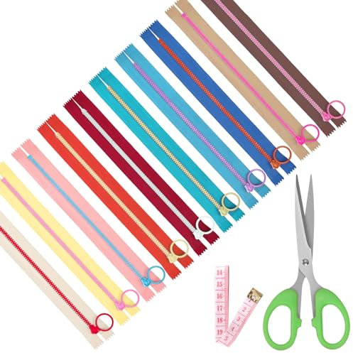 Mardatt 10Stück Nylon Harz Reißverschluss, 10 Farben Kunststoff-Reißverschlüsse mit Lifting Ring Pull, Nähen Reißverschlüsse mit weichen Lineal, Schere für DIY Nähen Handwerk, 20cm/8 Zoll