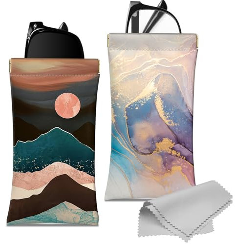Deokke 2 Stück Weich Brillenetui,PU Leder Weiches Brillenetui Brillen Sonnenbrille Tasche Portable Squeeze Weiches Leder mit Reinigungstuch Nett für Frauen Männer Mädchen(D11-Mountain Marble)