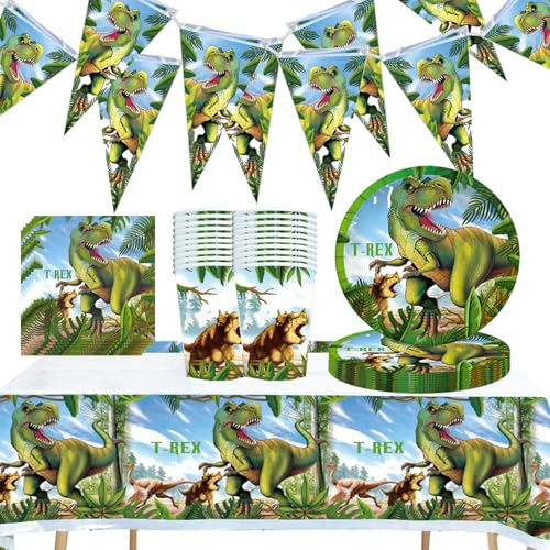 Tyrannosaurus Rex Dinosaurio Jurásico Fiesta de Cumpleaños Infantil Vajilla 71 Piezas Vasos de Papel, Platos, Manteles, Servilletas de Papel, Bandera Triangular, Para Niños Fiesta Temática