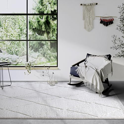 ELLE Decoration Hochflor Teppich Perrotin – Moderner Wohnzimmerteppich, Langflor Shaggy, Modernes Muster, Flauschig Weich Boho für Wohnzimmer, Schlafzimmer – Cremeweiß, 120x170cm