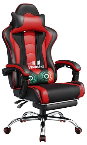 Yaheetech Sedia Gaming Ergonomica Massaggiante Reclinabile con Poggiapiedi Poggiatesta e Supporto Lombare Braccioli Imbottiti in Finta Pelle, Poltrona Gamer da Scrivania con Ruote Girevole Rosso