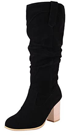 Stivali da donna alla moda, tinta unita, tacco alto grosso, rughe, lunghi al ginocchio, stivali alti al ginocchio con plateau per le donne al polpaccio largo, Nero , 39.5 EU