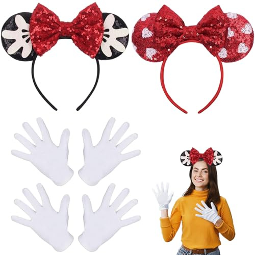DERJDISF Mouse Ears Stirnbänder Haarreif roter Schleife und weißen Punkten ，Glamouröser Glitzer Haarreif im Minnie Maus Design - Der perfekte Damen Fasching Zubehör für alle Fans