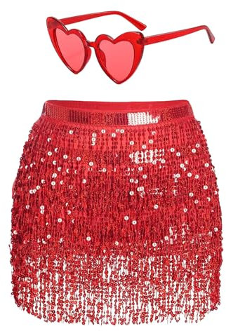 Damen Pailletten Rock Quaste Glitzerrock Hüft Pailettenrock Rave Röcke Gläser Set Fransenrock für Tanz Club Halloween Kostüm (DE/NL/SE/PL, Alphanumerisch, Einheitsgröße, Regular, Regular, Rot)