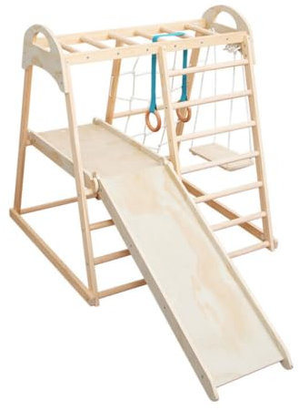 Buxibo 7-in-1 Kleinkind-Spielset Indoor-Spielplatz – Holz-Klettergerüst, Rutsche, Schaukel & mehr – 204x103x113 cm – Multifunktionales Spiel-Gym