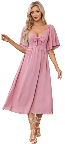 IDOPIP Kleid Damen Sommer Kurzarm Freizeitkleid mit Fliege Einfarig V-Ausschnitt Midikleid A-Linie Partykleid Cocktailkleid Elegant Festlich Hochzeit