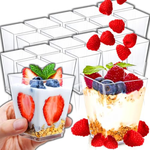 Retoo Desserttassen Set 20 Stück 160ml, Dessertbecher Klare Dessertschalen, Wiederverwendbar Quadratischer Desserttassen, Trapezoid Becher für Zuhause Desserts, Pudding, Mousse, Eis, Party