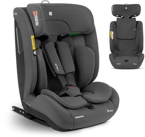 KikkaBoo i-Size i-FLIT, Kindersitz 9-36 kg ISOFIX, Autokindersitz 76-150 cm, Gruppe 1/2/3, 15 Monate bis 12 Jahre, SPS Seitenschutz, Top Tether, Verstellbare Kopfstütze, Dunkelgrau