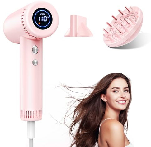 Secador Pelo Profesional Ionico, Haokoo Secado Rápido en 1 Minuto, 160000 RPM Secador de Alta Velocidad, 500 Millones de Iones, 9 Temperaturas, Autolimpieza, para Casa, Viaje, Rosa