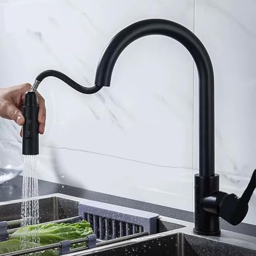 XWIHTR Rubinetto da cucina estraibile a scomparsa, rubinetto da cucina girevole a 360°, miscelatore da cucina a 2 modelli in acciaio inox, miscelatore per lavello da cucina ad alta pressione (nero)
